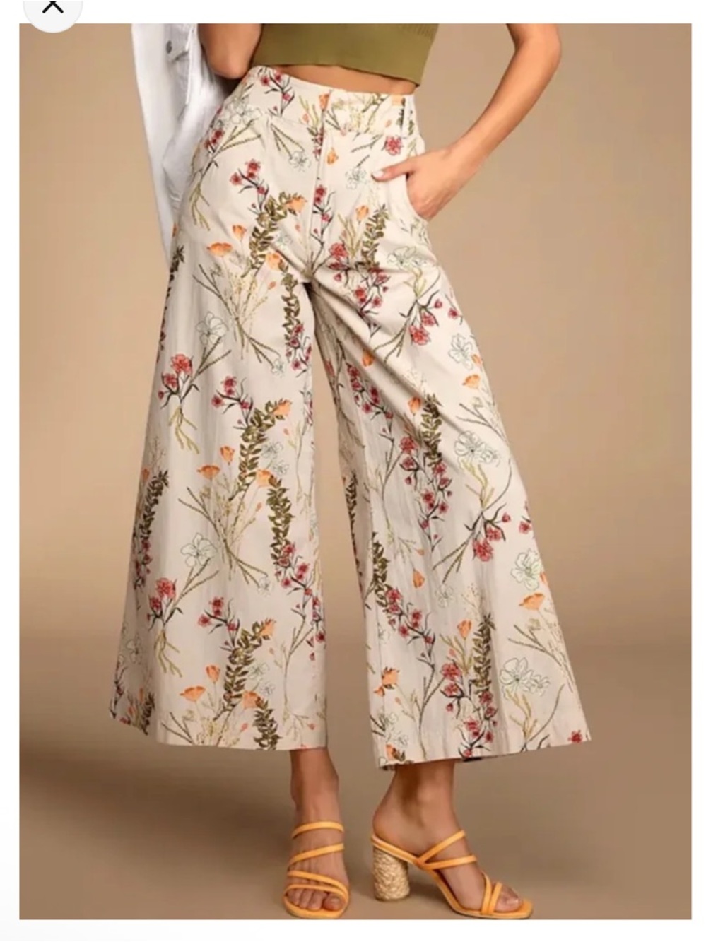 Free People Menorca Taupe Multi Floral Print Wide-Leg Cropped Pants Size 2